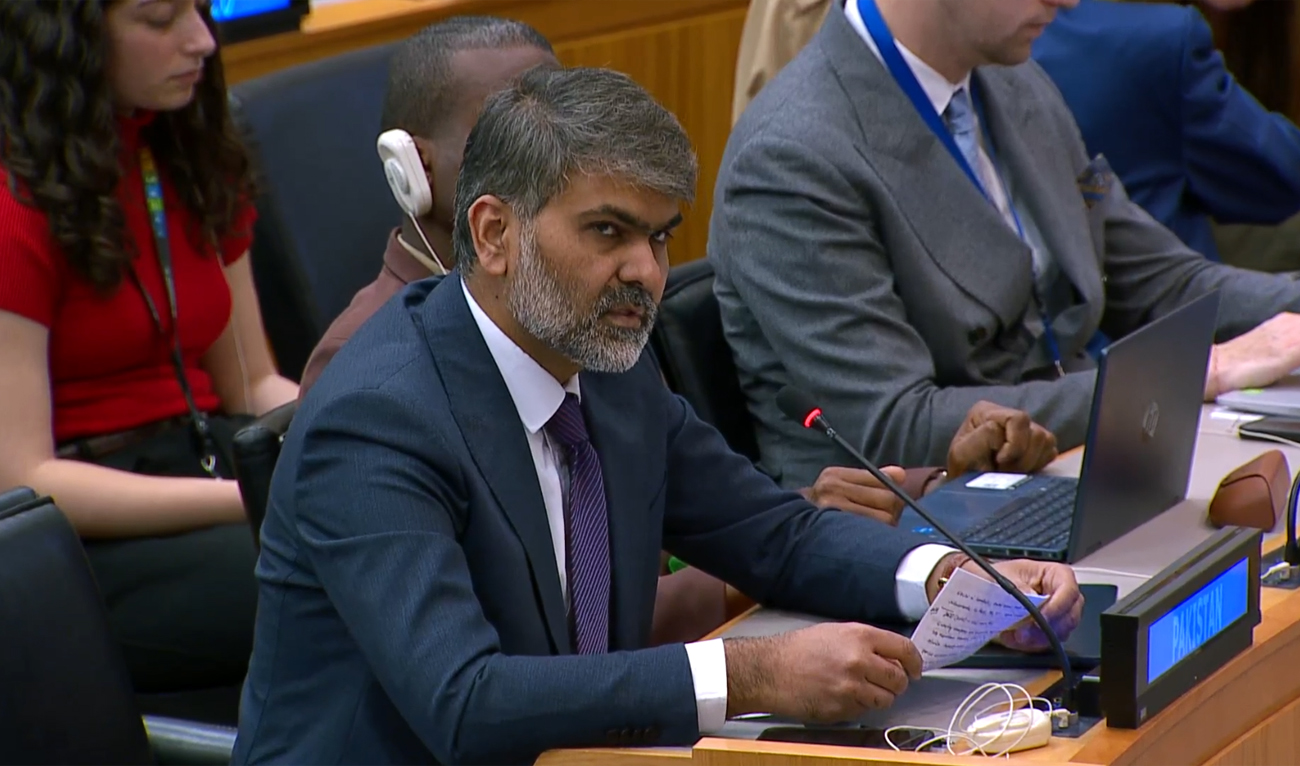 Syed Atif Raza, Counsellor at Pakistan Mission to the United Nations, speaks at the UNSC Arria-Formula meeting on Small Arms and Light Weapons Management in UN Sanctions Regimes, in New York on April 4, 2025. (Screengrab/UN Web TV)