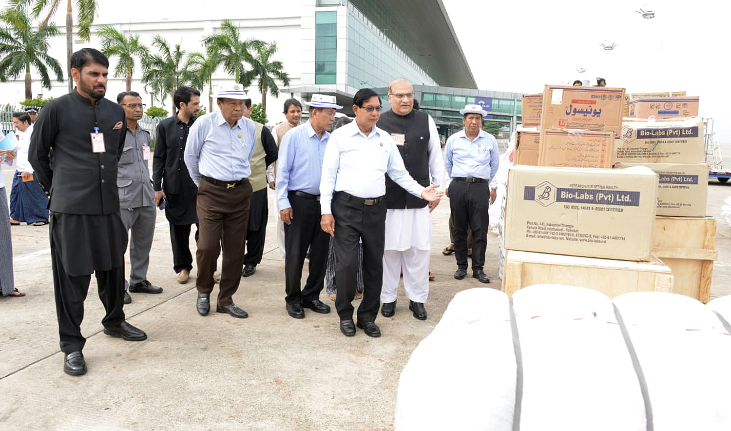 Officials inspect second relief consignment by Pakistan at the Yangon International Airport in Yangon on April 6, 2025. (National Disaster Management Authority)
