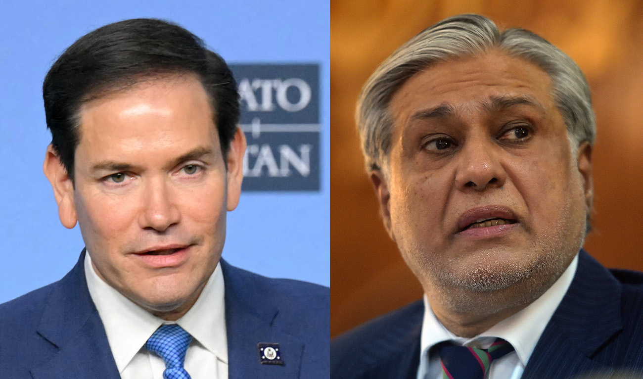 A collage of images created on April 8, 2024, shows US Secretary of State Marco Rubio (left) and Pakistan's Deputy Prime Minister and Foreign Minister Ishaq Dar. (AFP/File)
