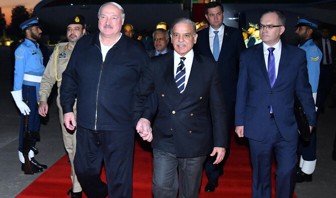Pakistan Prime Minister Shhebaz Sharif (left) receives Belarus President Aleksandr Lukashenko at Nur Khan Airbase in Rawalpindi, Pakistan, on November 25, 2024. (Government of Pakistan/ file)