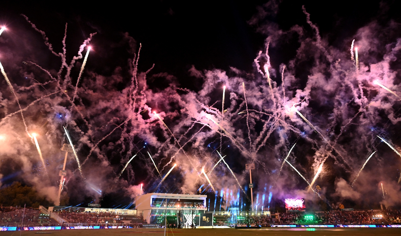 Fireworks light the sky during the opening ceremony of Pakistan Super League (PSL) Twenty20 cricket tournament at the Rawalpindi Cricket Stadium in Rawalpindi on April 11, 2025. (AFP)