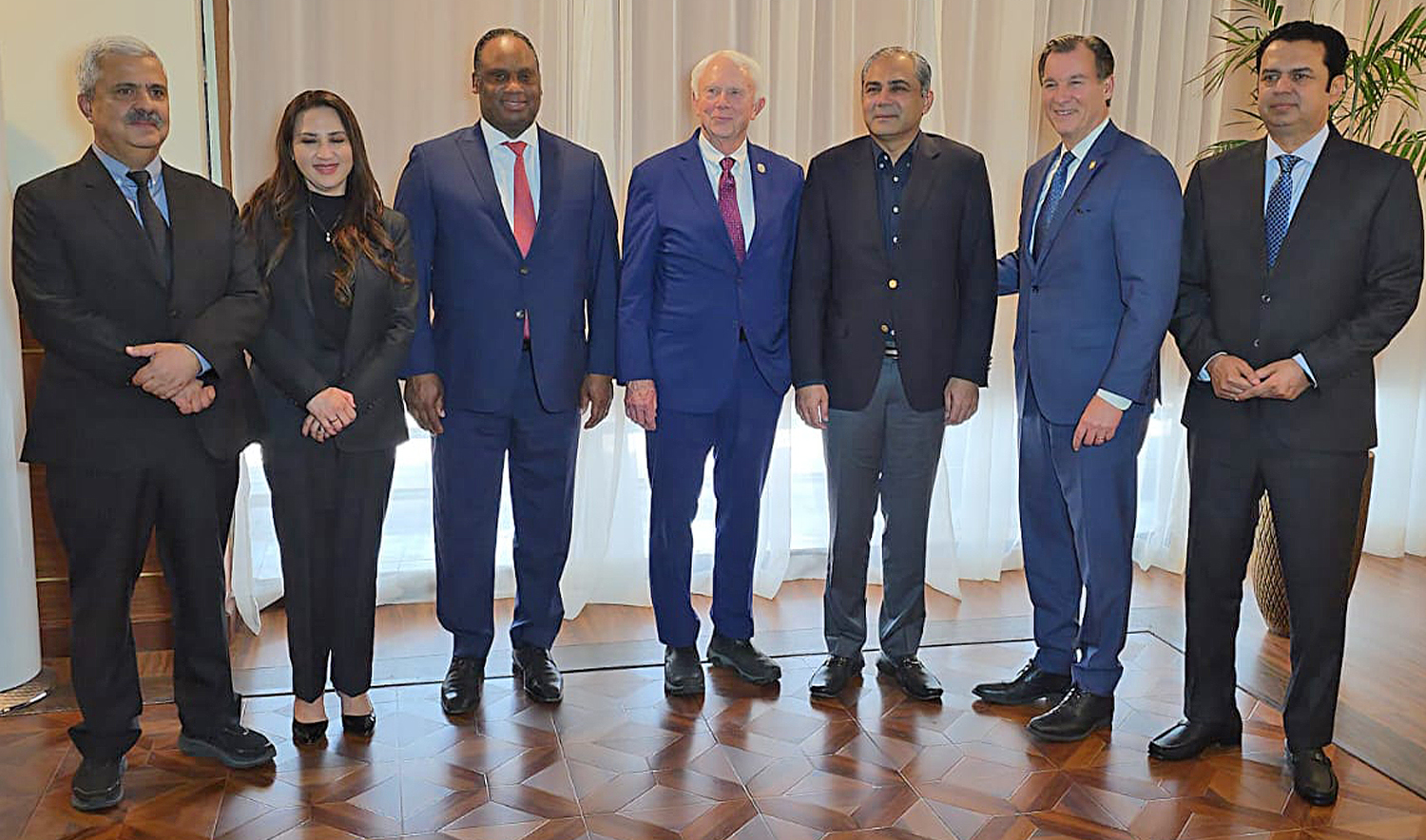 Pakistan’s Interior Minister Mohsin Naqvi (third from right) meets a US Congressmen delegation, including Jack Bergman (center), Tom Suozzi (second from right), and Jonathan Jackson (third from left) in Islamabad, Pakistan, on April 13, 2025. (Interior Ministry)