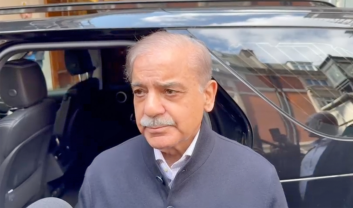Pakistan Prime Minister Shehbaz Sharif talks to reporters in London on April 13, 2025. (Government of Pakistan)