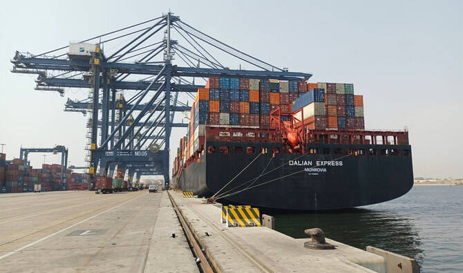This picture taken on March 8, 2023, shows a cargo ship set to sail from a sea port in Karachi, Pakistan. (Radio Pakistan/File)