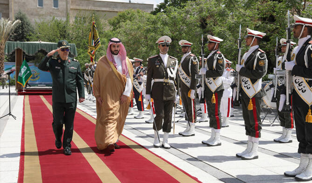 Chief of Iranian Armed Forces, Mohammad Bagheri, welcomes Saudi Defence Minister, Prince Khalid bin Salman, in Tehran, Iran, April 17, 2025. (Reuters)