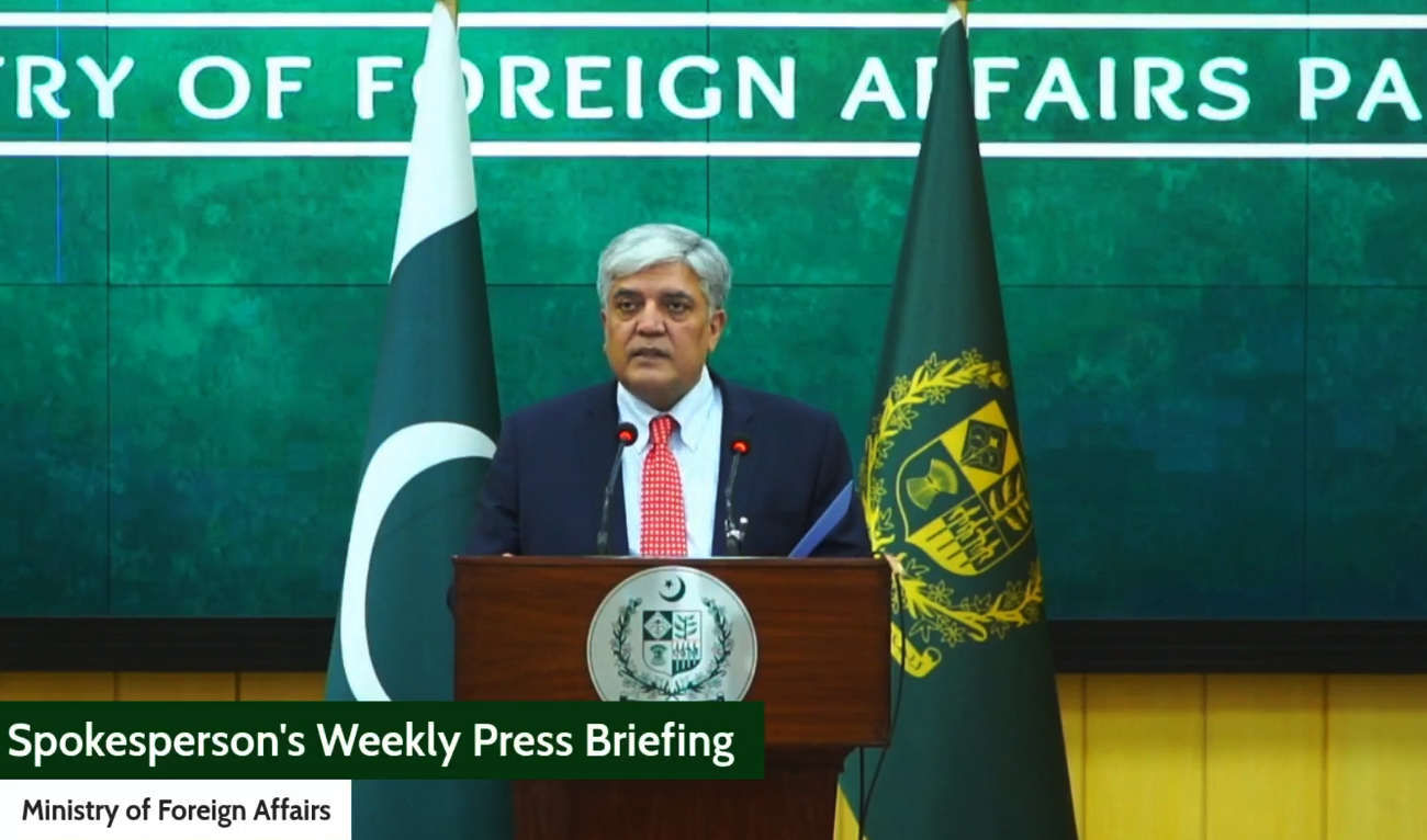 The screengrab taken from the press conference of Pakistan’s Ministry of Foreign Affairs shows the foreign office’s spokesperson Shafqat Ali Khan addressing the weekly media briefing in Islamabad on April 18, 2025. (MOFA/File)