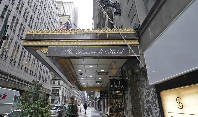 The entrance of the Roosevelt Hotel, a historic luxury hotel in Midtown Manhattan, is seen in New York on October 12, 2020. (AFP/File)