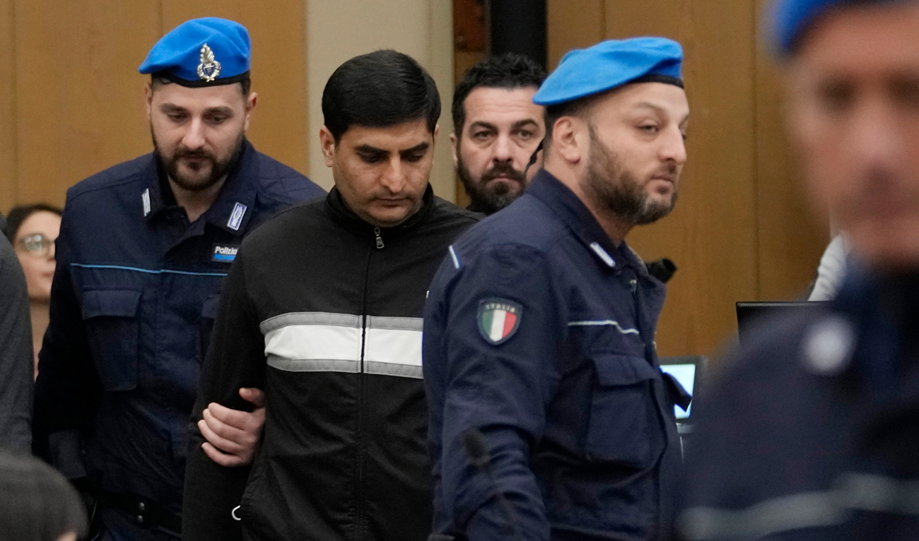 Nomanoulaq arrives at a hearing of the trial for the alleged murder of his cousin, Pakistani-born Saman Abbas at Reggio Emilia’s courthouse in northern Italy on February 10, 2023. (AP/File)