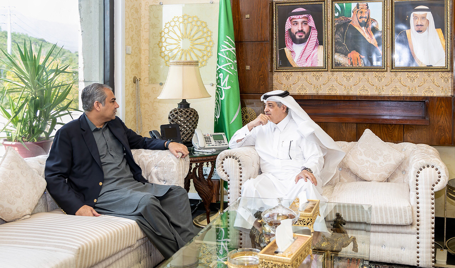 Pakistan's Interior Minister Mohsin Naqvi (left) calls on Saudi Arabia’s Ambassador to Pakistan, Nawaf bin Said Al-Malki, in Islamabad, Pakistan, on April 18, 2025. (@KSAembassyPK/X)