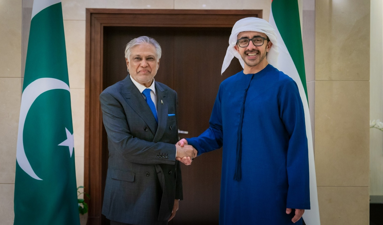 Pakistan’s Deputy Prime Minister and Foreign Minister, Senator Ishaq Dar, meets Deputy Prime Minister and Minister for Foreign Affairs of the United Arab Emirates (UAE), Sheikh Abdullah bin Zayed Al-Nahyan (right), in Abu Dhabi on February 21, 2025. (UAE Foreign Ministry/File)
