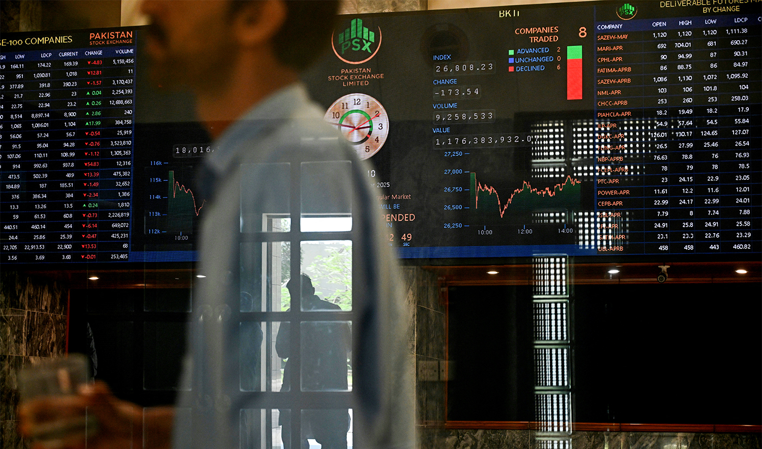 A stockbroker walks past share prices on a financial market board during a trading session at the Pakistan Stock Exchange (PSX) in Karachi on April 9, 2025. (REUTERS/File)