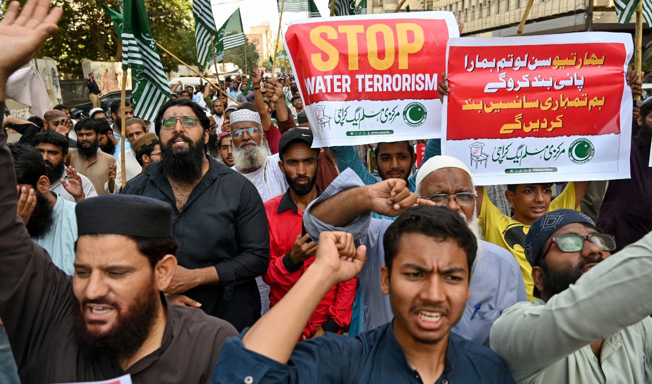 Activists of Pakistan Markazi Muslim League shout slogans during an anti-India protest in Karachi on April 24, 2025. (AFP)
