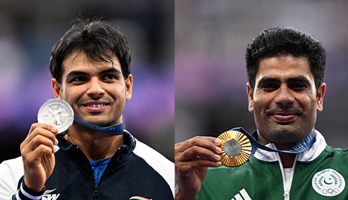 This combination of photos shows Indian Javelin thrower Neeraj Chopra (left) and Pakistani Javelin thrower Arshad Nadeem pictured during Paris 2024 Olympic Games at Stade de France in Saint-Denis, Paris, on August 9, 2024. (AFP/File)