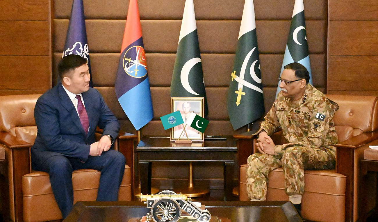 In this handout photo, taken and released by Pakistan’s Inter-Services Public Relations (ISPR) on April 26, 2025, shows Major General Ularbek Sharsheyev (left), Executive Director Regional Anti-Terrorist Structure (RATS) of the Shanghai Cooperation Organization (SCO), gestures during a meeting with Pakistan’s Chairman Joint Chiefs of Staff Committee (CJCSC) General Sahir Shamshad Mirza at the Joint Staff Headquarters in Rawalpindi. (Photo courtesy: Handout/ISPR)