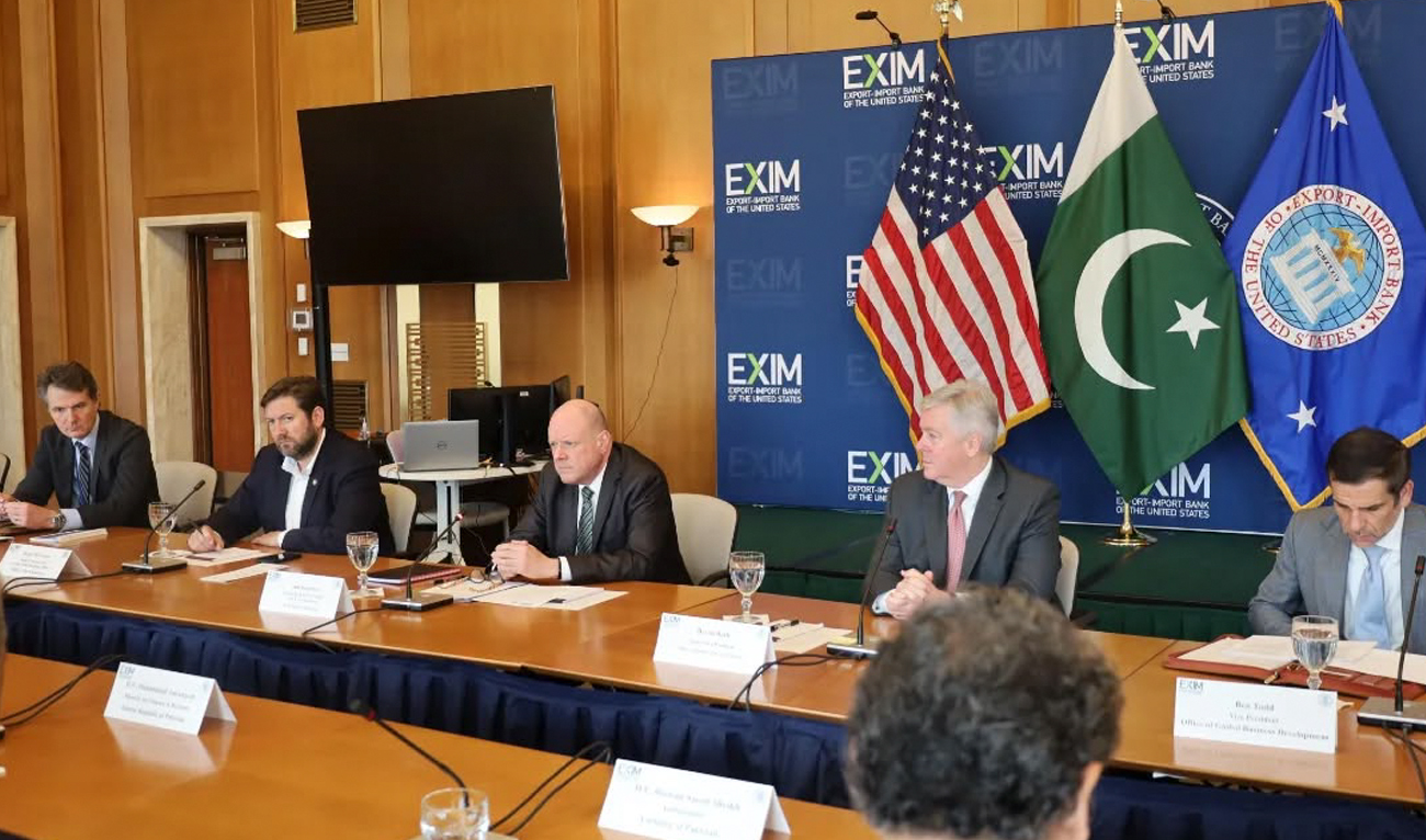 In this handout photo, released by Pakistan’s Finance Ministry on April 26, 2025, senior representatives of the United States Export-Import Bank (EXIM), led by Vice Chairman Jim Barrows (3L), gesture during the meeting with Pakistan Finance Minister Muhammad Aurangzeb (not pictured) in Washington, on the sidelines of the IMF–World Bank Spring Meetings. (Photo courtesy: Handout/Finance Ministry)