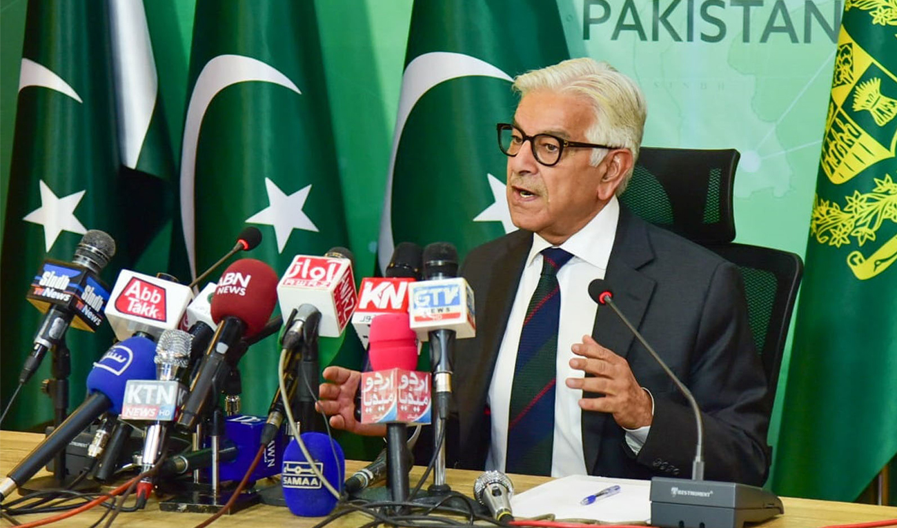 Pakistan’s Defense Minister Khawaja Asif speaks during a press conference in Islamabad on May 11, 2023. (PID/File)