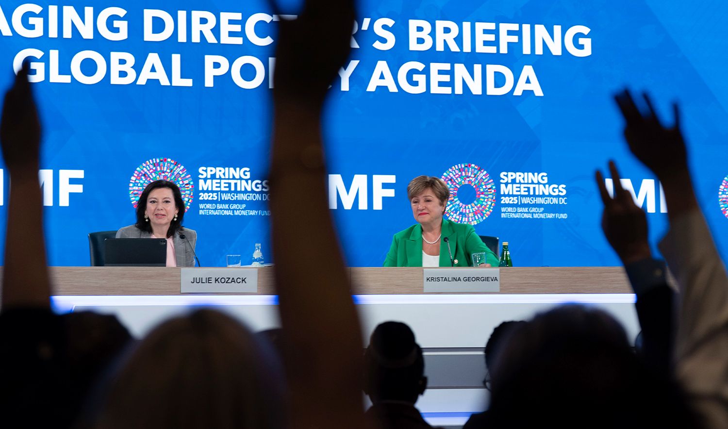 nternational Monetary Fund (IMF) Managing Director Kristalina Georgieva, right, accompanied by IMF Director of the Communications Department Julie Kozack, speaks at a news conference during the World Bank/IMF Spring Meetings at the International Monetary Fund (IMF) headquarters in Washington DC on April 24, 2025. (AP/File)