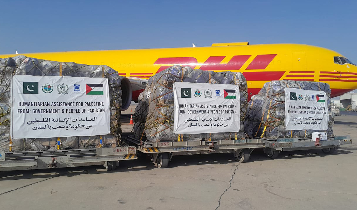 Pakistan dispatches 40 tons of relief goods for Gaza from Karachi's Jinnah International Airport to Amman, Jordon, on April 27, 2025. (National Disaster Management Authority)