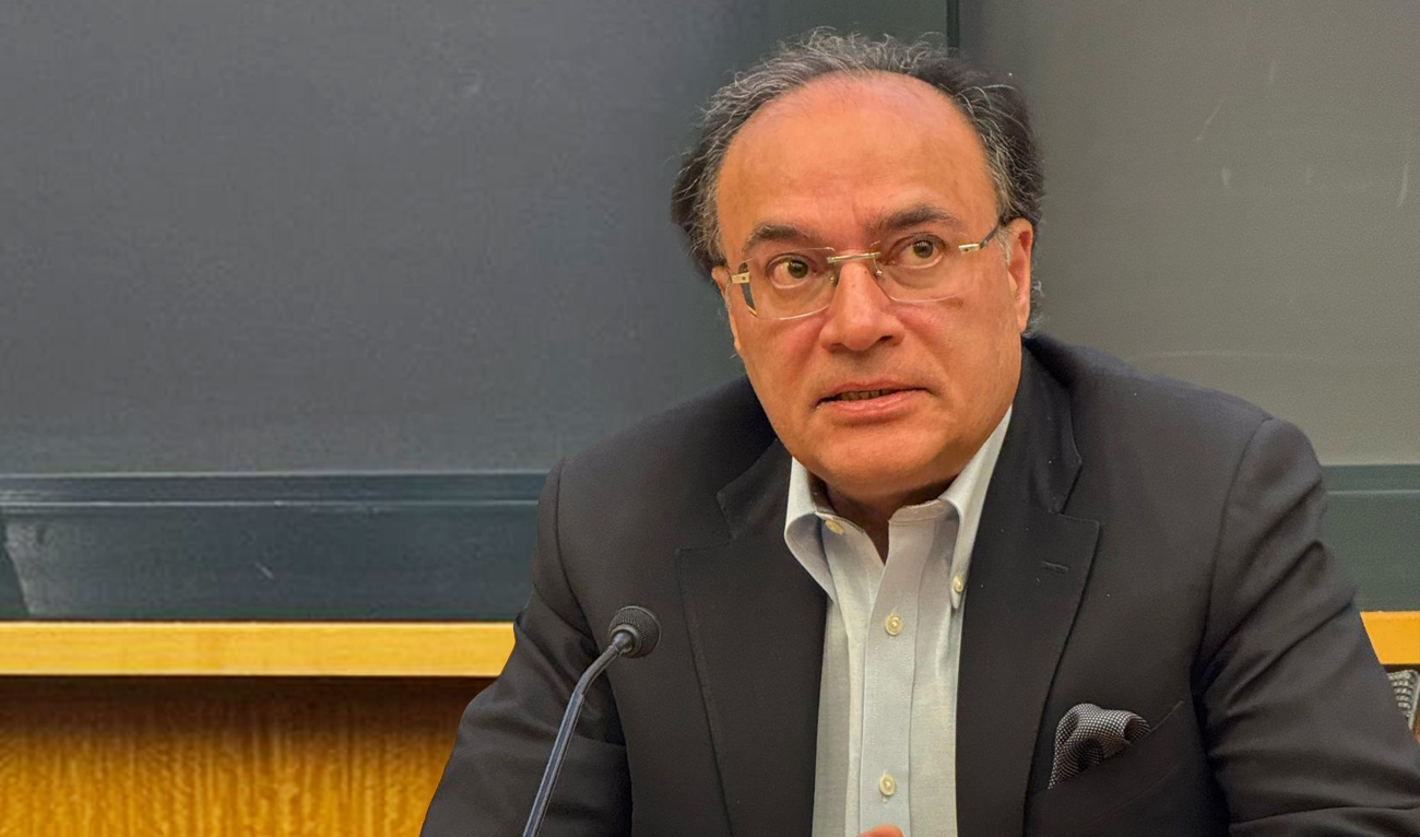 Pakistan’s Finance Minister Muhammad Aurangzeb speaks during a conference at Harvard University in Massachusetts, United States. (Photo Courtesy: Ministry of Finance)