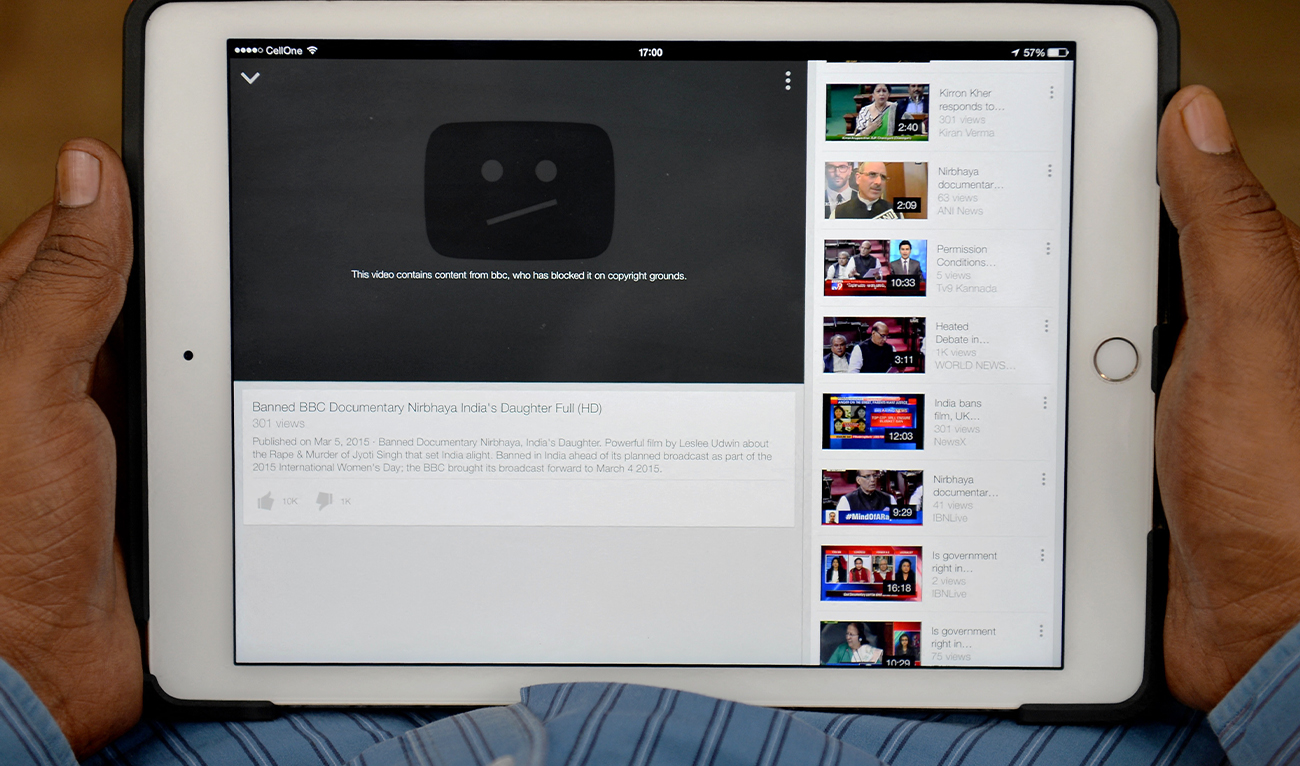 A blocked message is displayed on YouTube in the place of a BBC documentary on the victim of a December 2012 gang-rape, in Bangalore on March 6, 2015. (AFP/File)