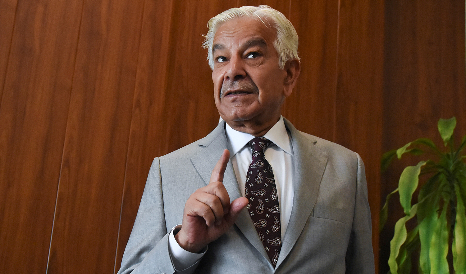 Pakistan’s Defence Minister Khawaja Muhammad Asif gestures on the day of an interview with Reuters in Islamabad, Pakistan, on April 28, 2025. (REUTERS)