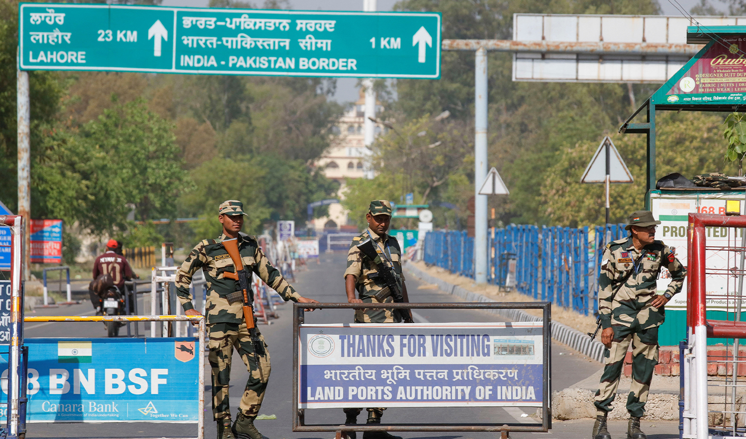 Border Security Force (BSF) security personnel stand guard at the Attari-Wagah crossing on the India-Pakistan border in Amritsar, following Tuesday’s attack on tourists near south Kashmir’s scenic Pahalgam, India, on April 25, 2025. (REUTERS)