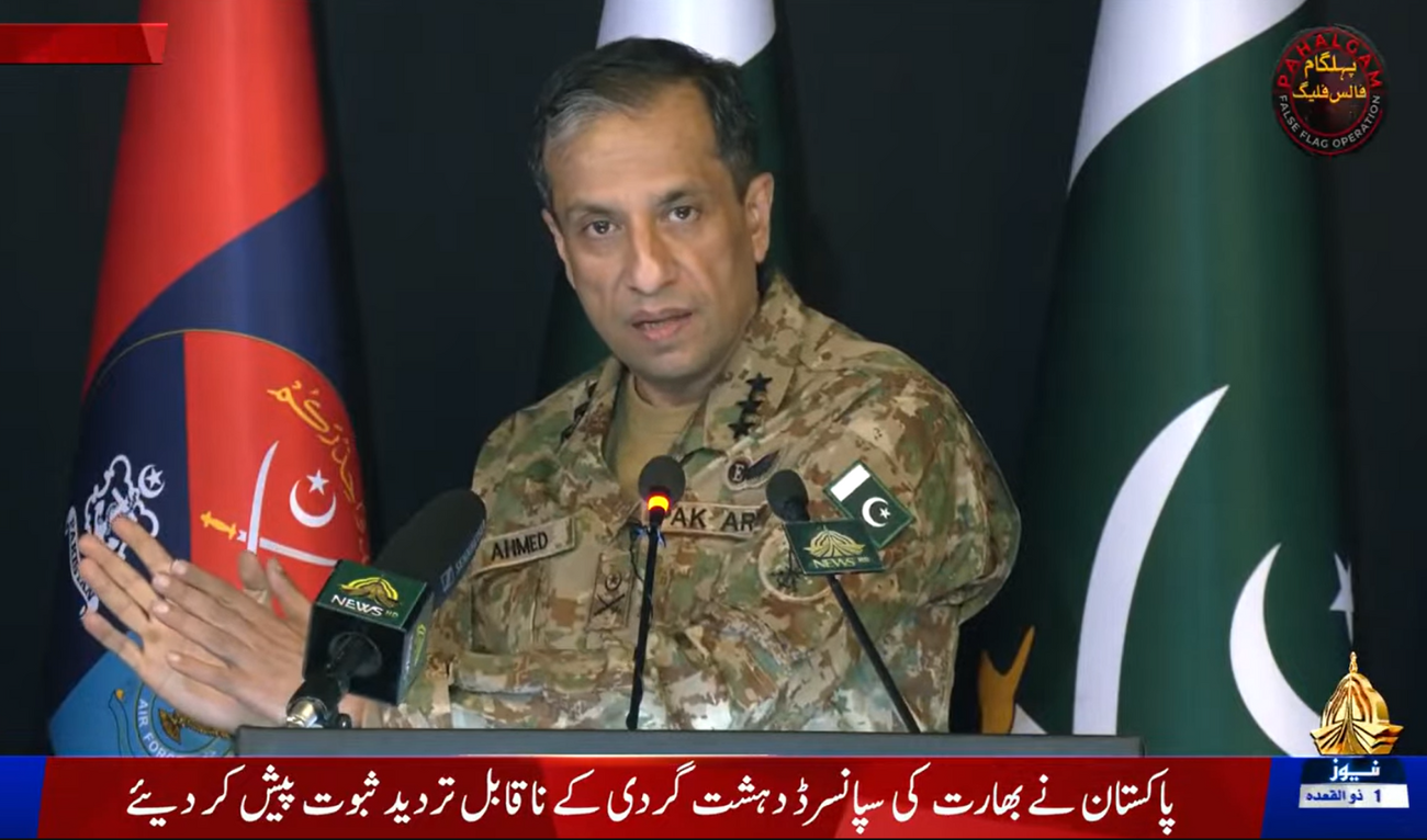 Lt. Gen. Ahmed Sharif Chaudhry, a spokesman of the Pakistani military, briefs local and foreign media journalists in Islamabad, on April 29, 2025. (Screengrab/ PTV News)