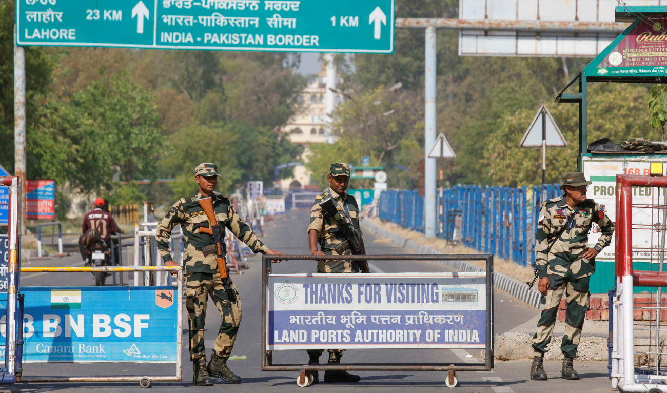 Border Security Force (BSF) security personnel stand guard at the Attari-Wagah crossing on the India-Pakistan border in Amritsar, following Tuesday’s attack on tourists near south Kashmir’s scenic Pahalgam, India, April 25, 2025. (REUTERS)