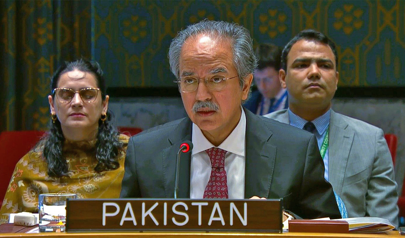 Pakistan’s permanent representative to the UN, Asim Iftikhar Ahmed, addresses during a briefing by the United Nations High Commissioner for Refugees in New York, US, on April 28, 2025. (@PakistanUN_NY/File/X)