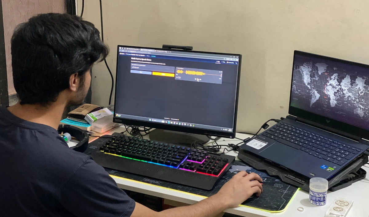 Fahad Maqsood Qazi working on the artificial intelligence dubbing system in Pakistan’s southern city of Hyderabad on April 5, 2025. (AN Photo/ Fahad Maqsood Qazi)