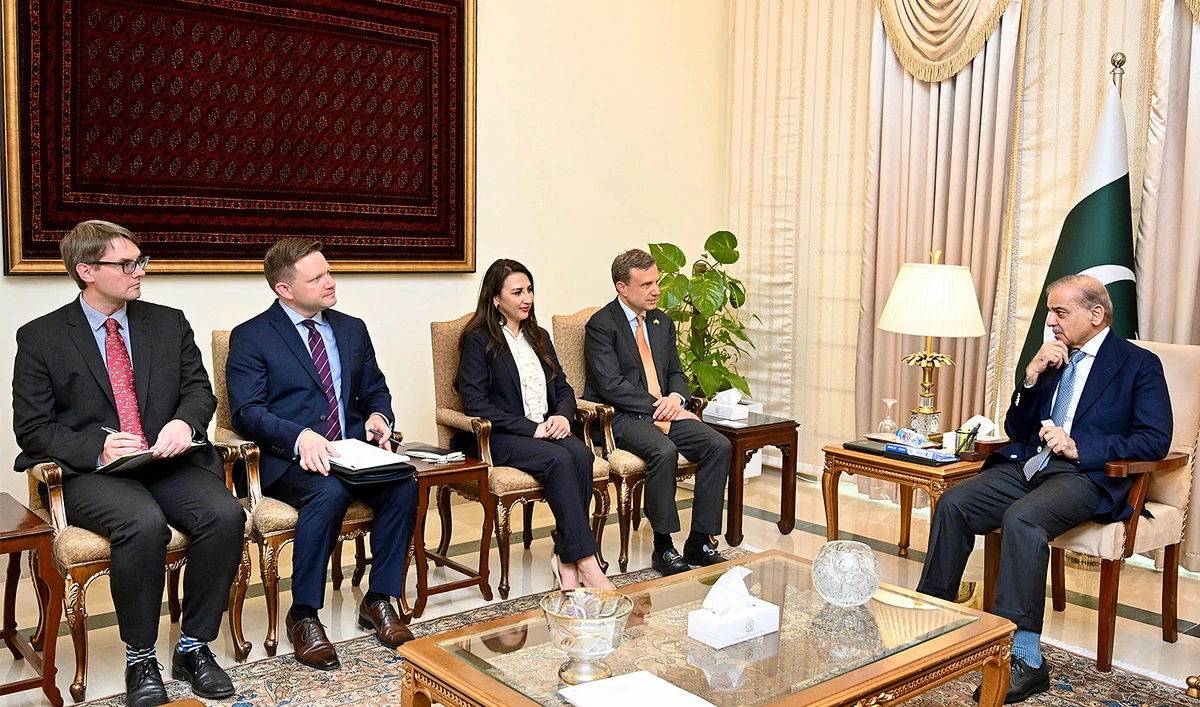 Members of a US delegation call on Pakistan Prime Minister Shehbaz Sharif in Islamabad on April 9, 2025. (PID)