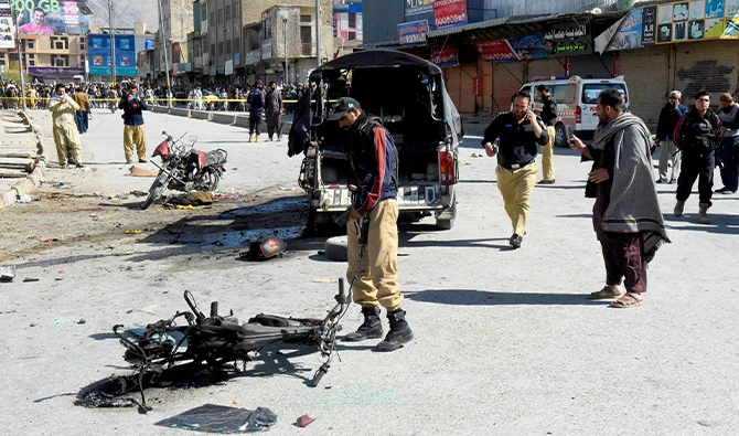 Security personnel inspect the site after militants detonated an explosive-laden motorbike along a road in Quetta on March 27, 2025. (AFP/File)