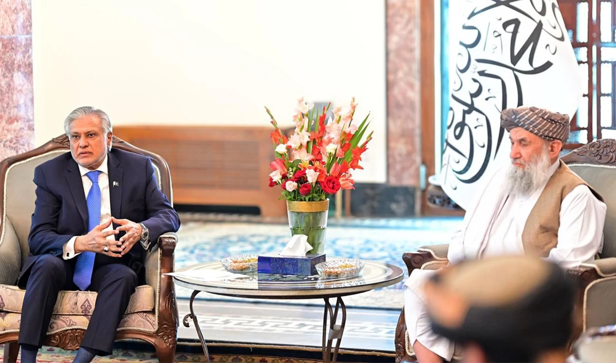 Afghanistan’s acting Prime Minister Mullah Muhammad Hassan Akhund meets Pakistan’s Deputy Prime Minister and Foreign Minister Ishaq Dar in Kabul, Afghanistan, on April 19, 2025. (MOFA)