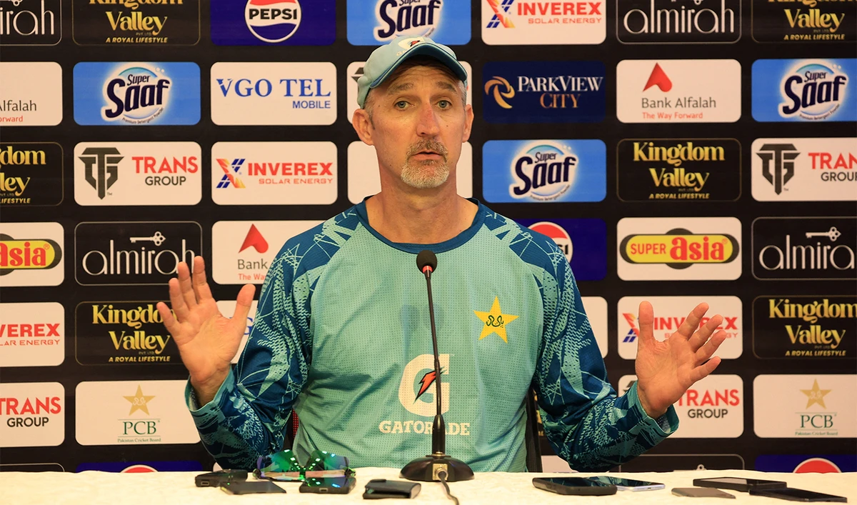Pakistan’s former head coach Jason Gillespie speaks during the press conference after the third Test match between Pakistan and English at the Rawalpindi Cricket Stadium in Rawalpindi, Pakistan, on October 23, 2024. (REUTERS)