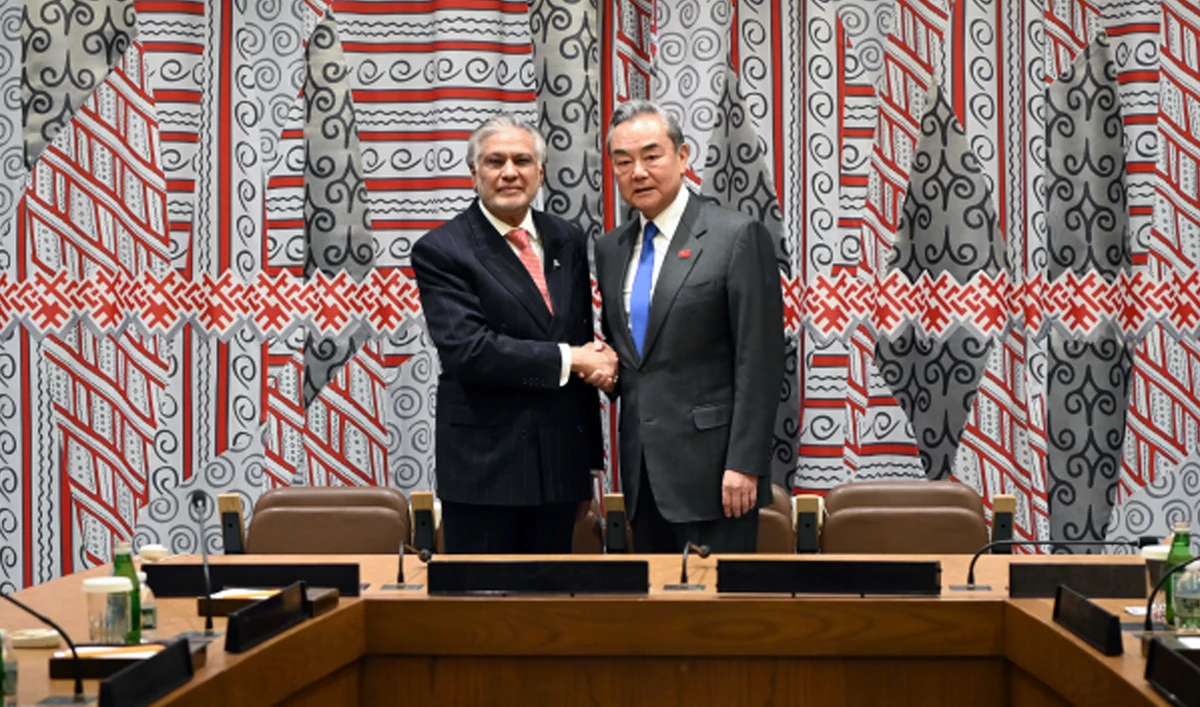 Pakistan’s Deputy Prime Minister and Foreign Minister, Ishaq Dar, meets China’s Minister of Foreign Affairs Wang Yi in New York, US, on February 18, 2025. (MFA China/File)