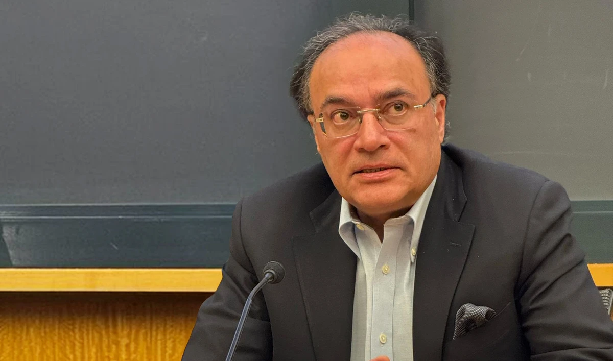 Pakistan’s Finance Minister Muhammad Aurangzeb speaks during a conference at Harvard University in Massachusetts, United States. (Photo Courtesy: Ministry of Finance)