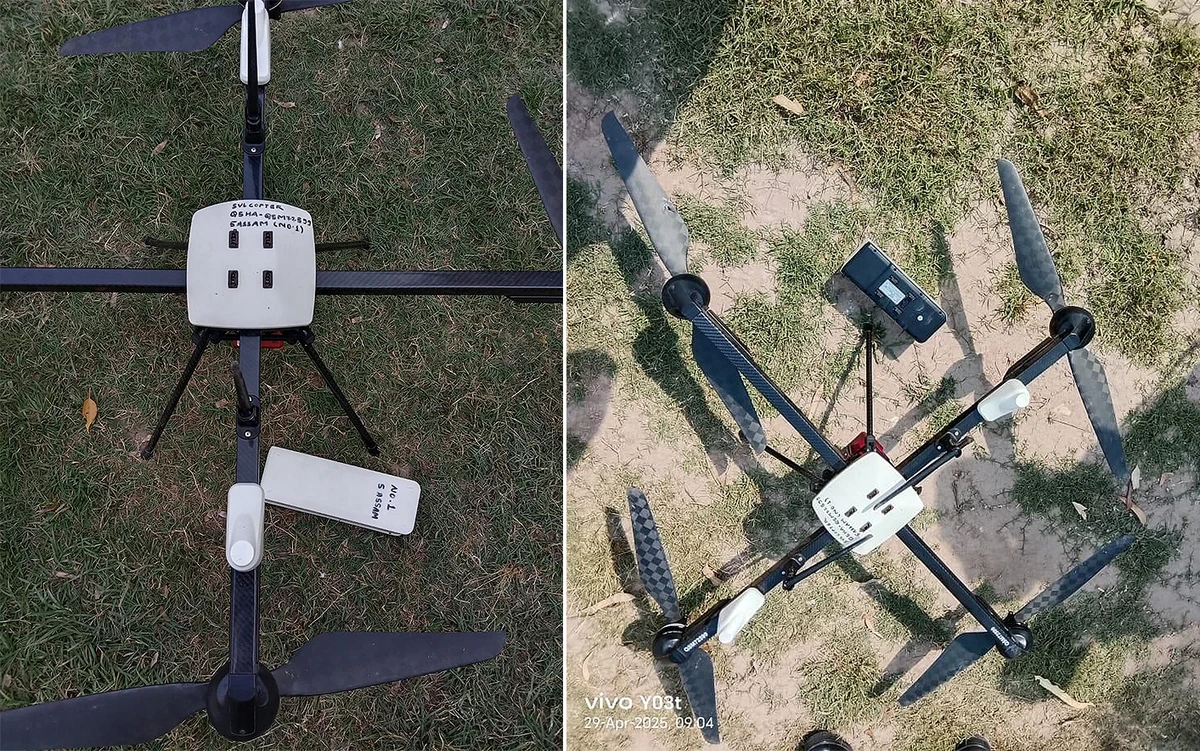 The images shared by Pakistani state media show a quadcopter shot down by Pakistan along the Line of Control (LoC) on April 29, 2025. (PTV News)