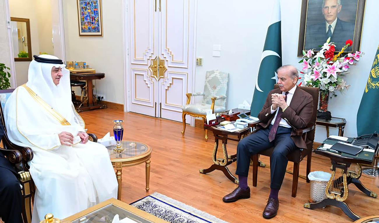 Pakistan Prime Minister Shehbaz Sharif meets Saudi Ambassador Nawaf bin Said Al-Malki at the Prime Minister Office in Islamabad on May 2, 2025. (Photo courtesy: Handout/PMO)