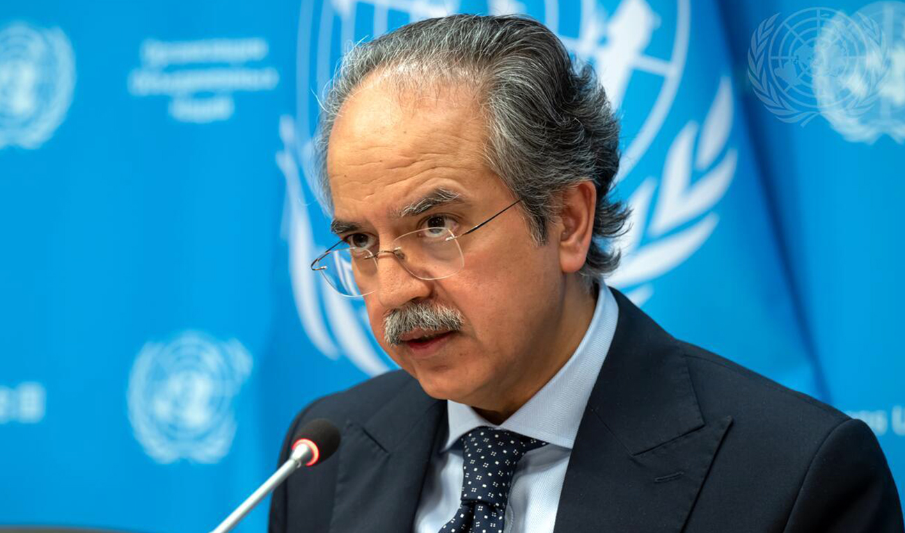 Ambassador Asim Iftikhar Ahmad, Pakistan’s Permanent Representative to the UN, speaks during a media briefing at the United Nations Headquarters in New York, United States, on May 2, 2025. (UN)