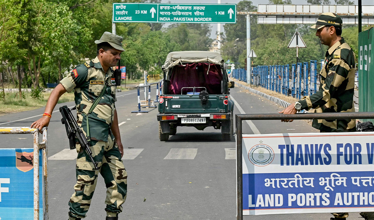 Indian Border Security Force (BSF) personnel stand guard near the India-Pakistan Wagah border post, about 35km from Amritsar, India, on May 3, 2025. (AFP)