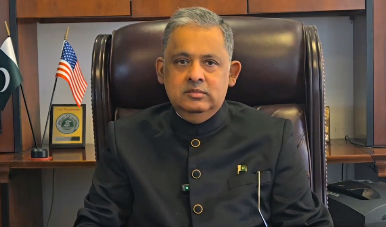 The screengrab taken from a video shows Pakistan’s envoy to the United States, Ambassador Rizwan Saeed Sheikh, speaks during a recorded video message on March 23, 2025. (Screengrab/X/@PakinUSA/File)