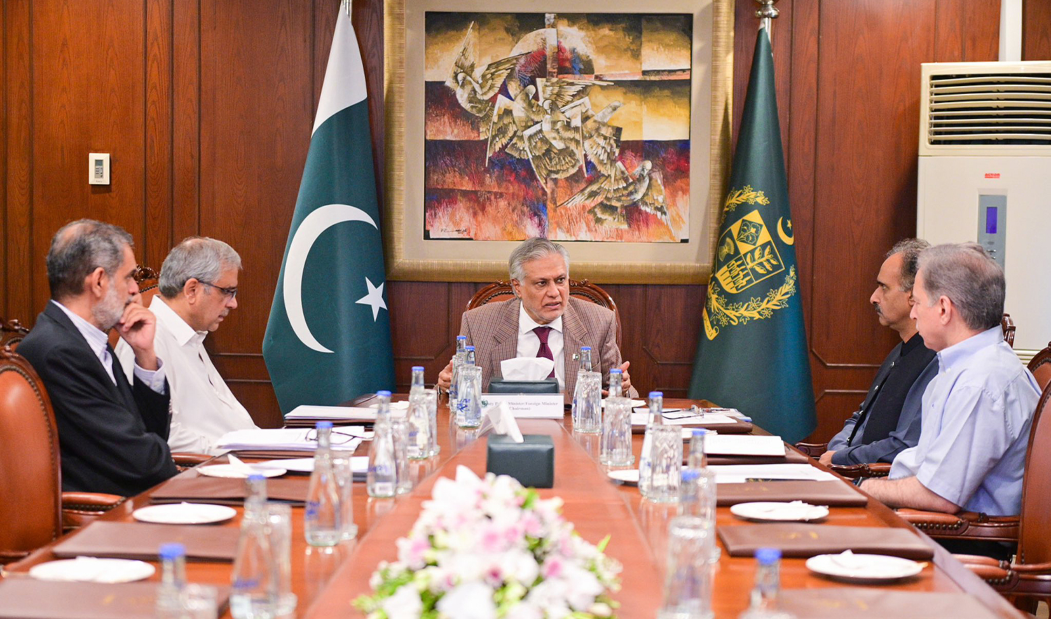 Pakistan’s Deputy Prime Minister Ishaq Dar holds a meeting to review government’s commitment to ensure foreign investment from friendly countries in Islamabad, Pakistan, on May 3, 2025. (Pakistan's Foreign Office)