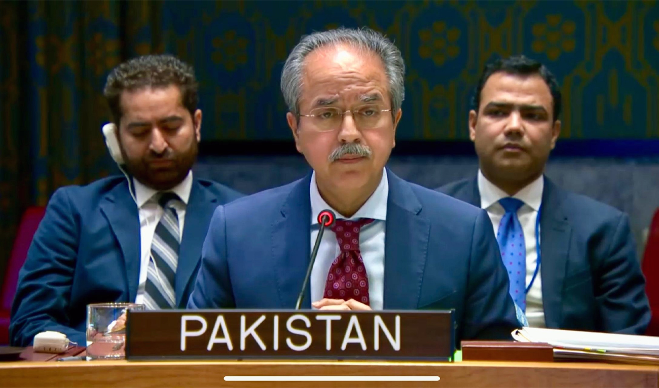 Ambassador Asim Iftikhar Ahmad, Pakistan’s Permanent Representative to the UN, speaks during a United Nations Security Council session at UN Headquarters in New York, United States, on April 7, 2025. (X/@PakistanUN_NY/File)