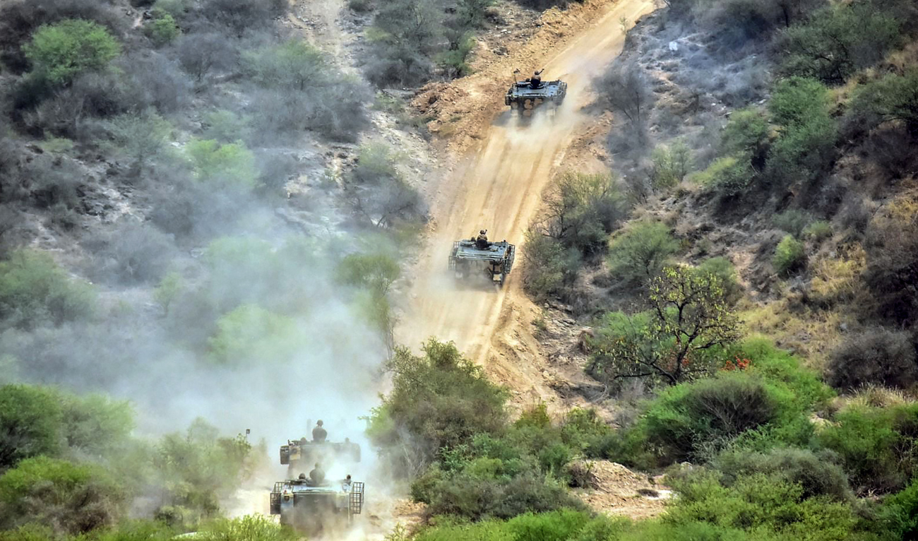 This handout photograph taken on May 1, 2025, and released by Pakistan's Inter Service Public Relation (ISPR) shows military tanks taking part in military 'Hammer Strike', a high-intensity field training exercise conducted by the Pakistan Army’s Mangla Strike Corps at the Tilla Field Firing Ranges (TFFR) in Jhelum, Punjab province. (AFP)