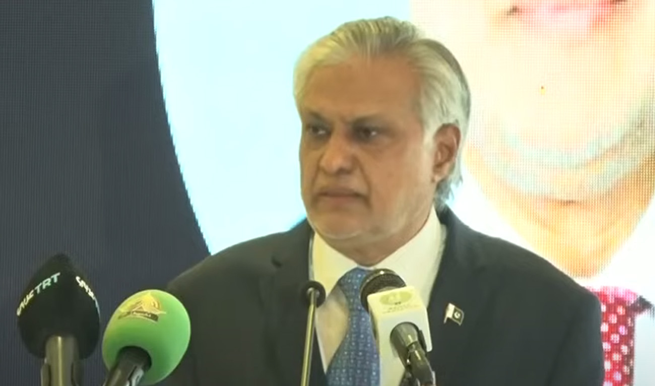 Screengrab of Pakistan's Foreign Minister and Deputy Prime Minister, Ishaq Dar, as he speaks at the 4th Annual Regional Dialogue 2025 in Islamabad, Pakistan, on May 5, 2025. (PTVNews)