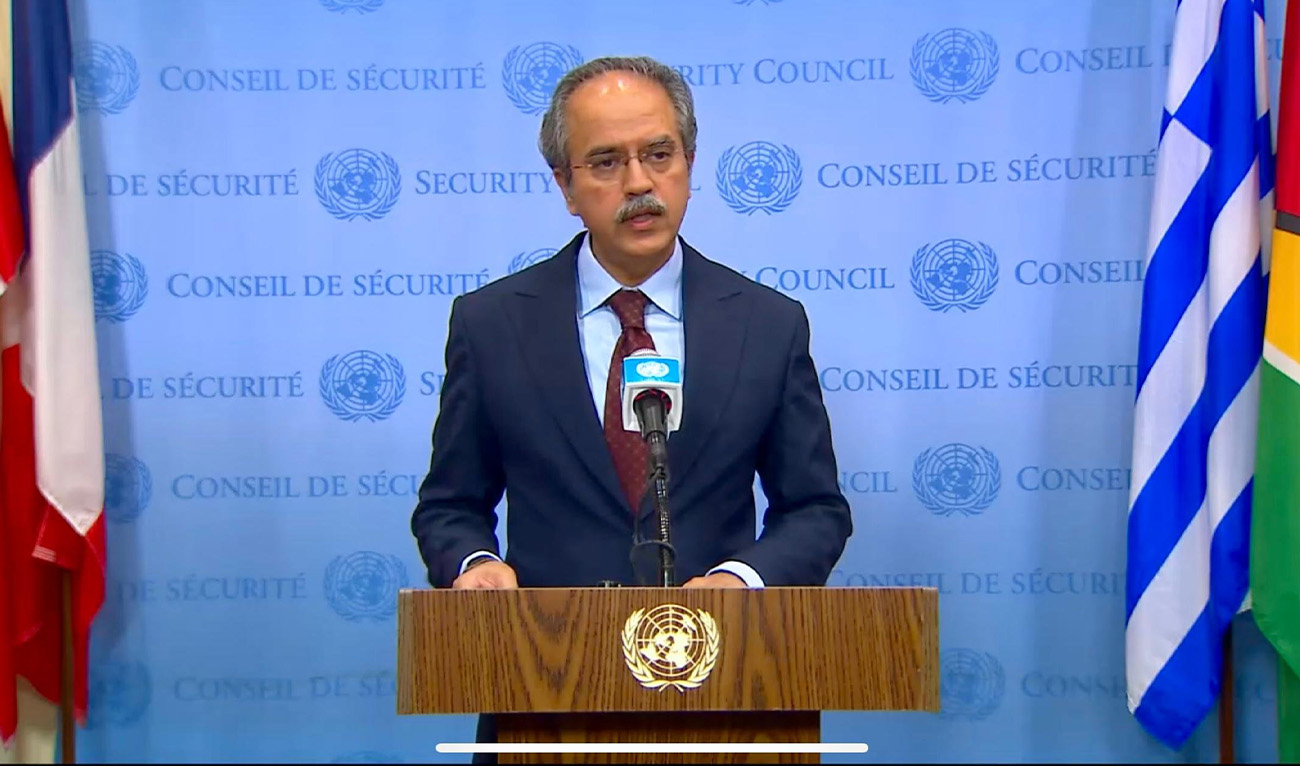 Pakistan's permanent representative to the United Nations, Asim Iftikhar Ahmad, speaking to press after conclusion of the Emergency Closed Consultations of UNSC on India-Pakistan, in New York, US on May 6 2025. (@PakistanUN_NY/X)