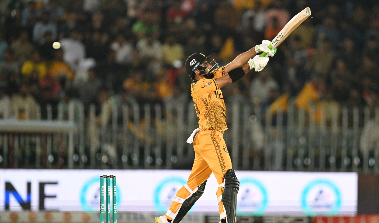 Peshawar Zalmi's Pakistani all-rounder Hussain Talat plays a shot during the Pakistan Super League (PSL) Twenty20 cricket match between Peshawar Zalmi and Islamabad United at the Rawalpindi Cricket Stadium in Rawalpindi on April 14, 2025. (AFP/ file)