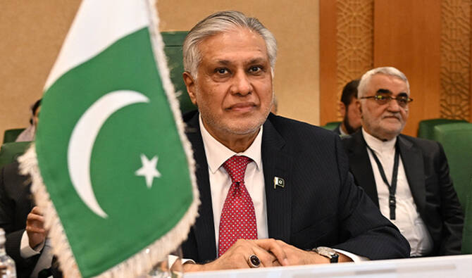 Pakistan's Foreign Minister Ishaq Dar pictured during a session of the Council of Foreign Ministers of the Member States of the Organization of Islamic Cooperation (OIC) in Jeddah on March 7, 2025. (AFP/File)