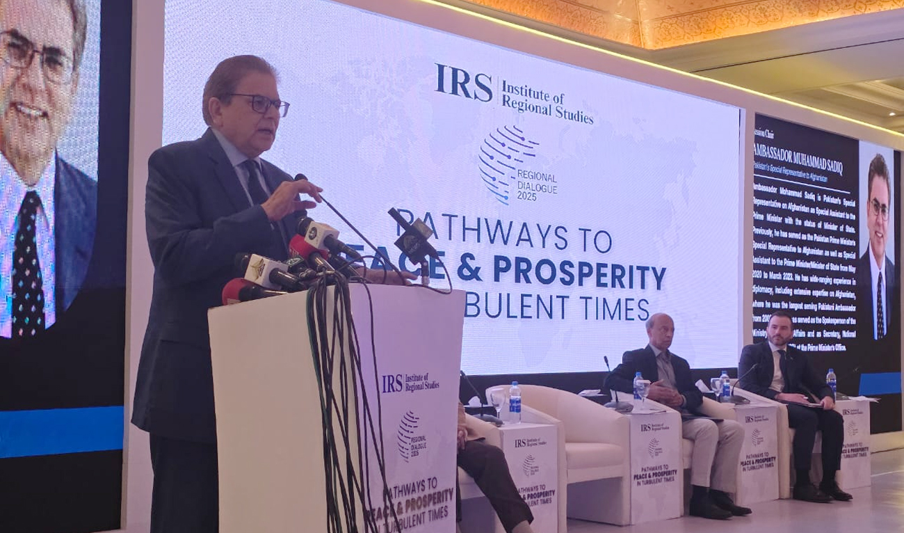 Pakistan’s special representative to Afghanistan, Ambassador Muhammad Sadiq, speaks during the “Regional Dialogue’ 2025” organized by the Institute of Regional Studies in Islamabad, Pakistan, on May 6, 2025. (X/@AmbassadorSadiq)