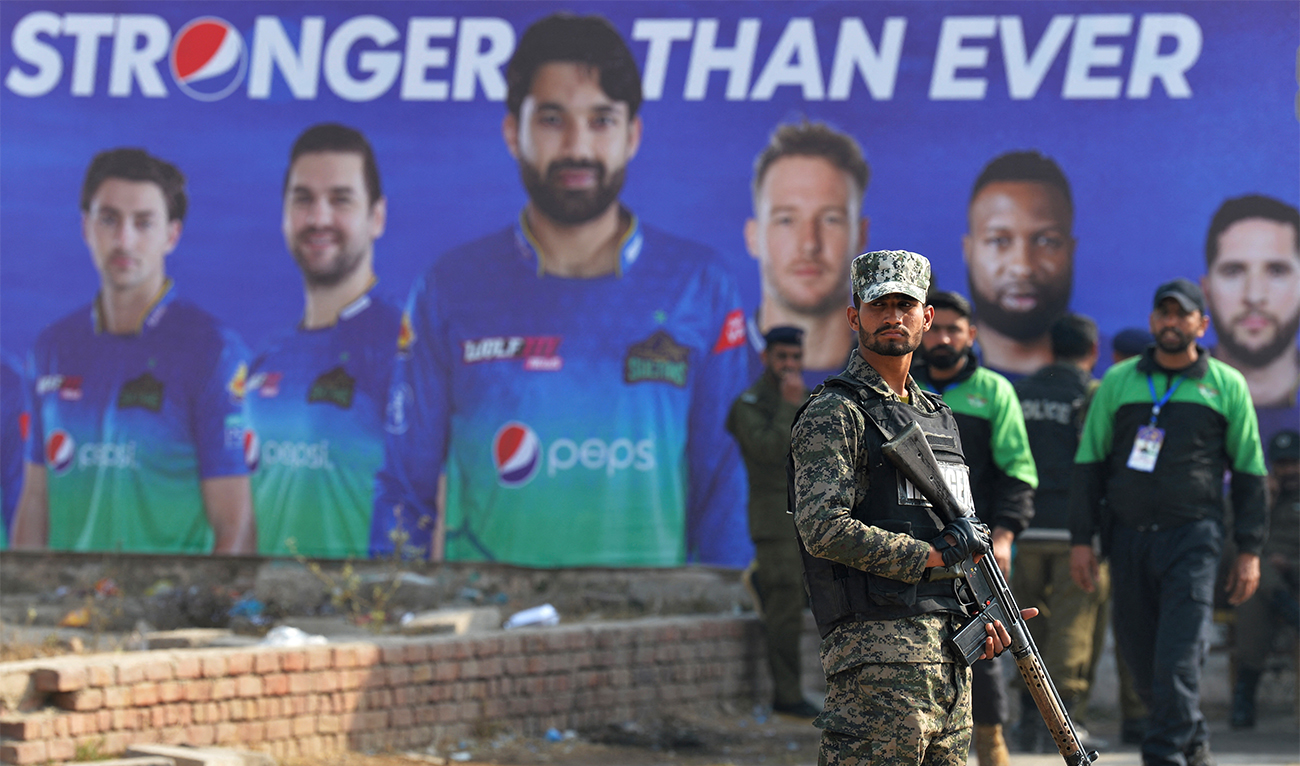 A Pakistan's ranger stands guard in front of the Multan Cricket Stadium before the start of the Pakistan Super League (PSL) Twenty20 cricket match between Multan Sultans and Quetta Gladiators in Multan on February 15, 2023. (AFP/File)